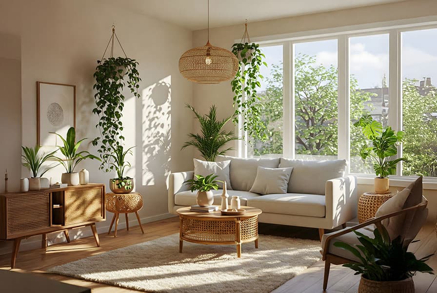 Sunlit living room with wide sliding uPVC & Aluminium windows and greenery