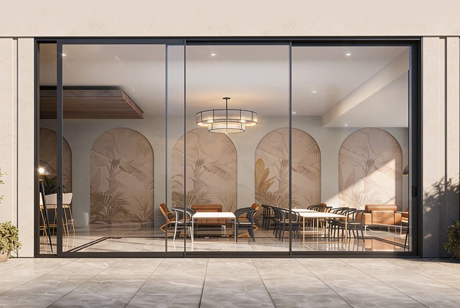 Storefront with full-height sliding glass doors opening into a restaurant interior